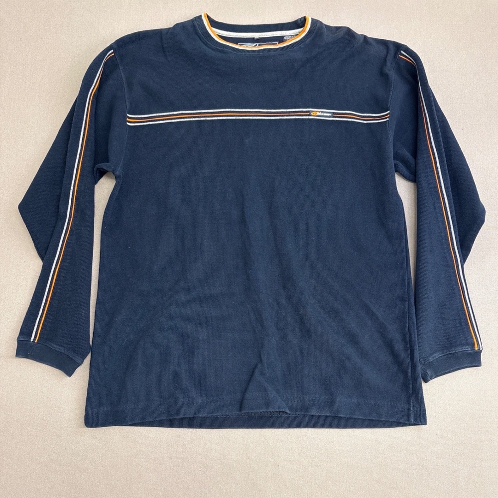 Point Zero Mens XL Waffle Knit Long Sleeve Shirt Navy Blue Orange Stripe Thermal